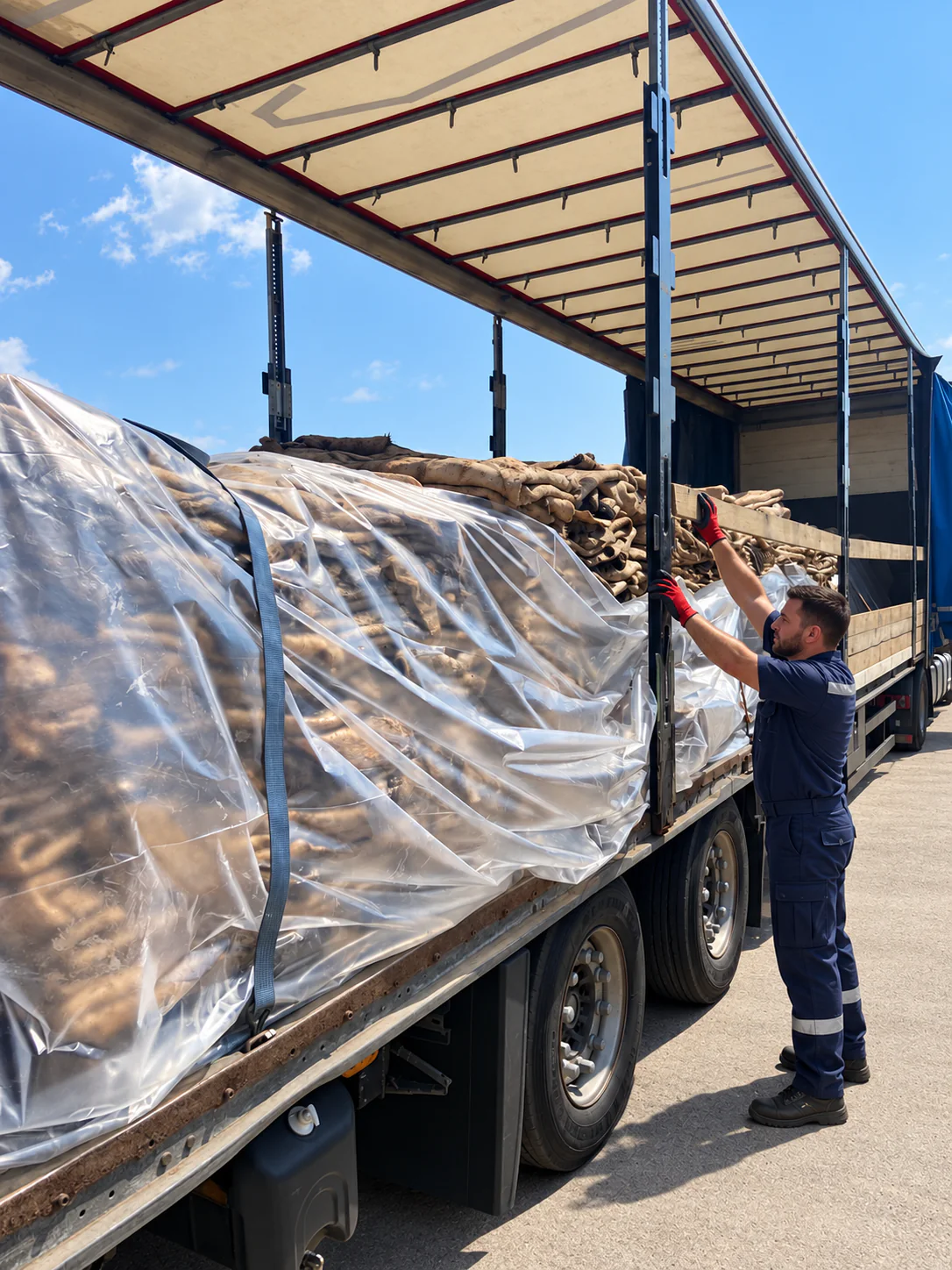 NOKEKOŽAR worker securing selected hides for transport