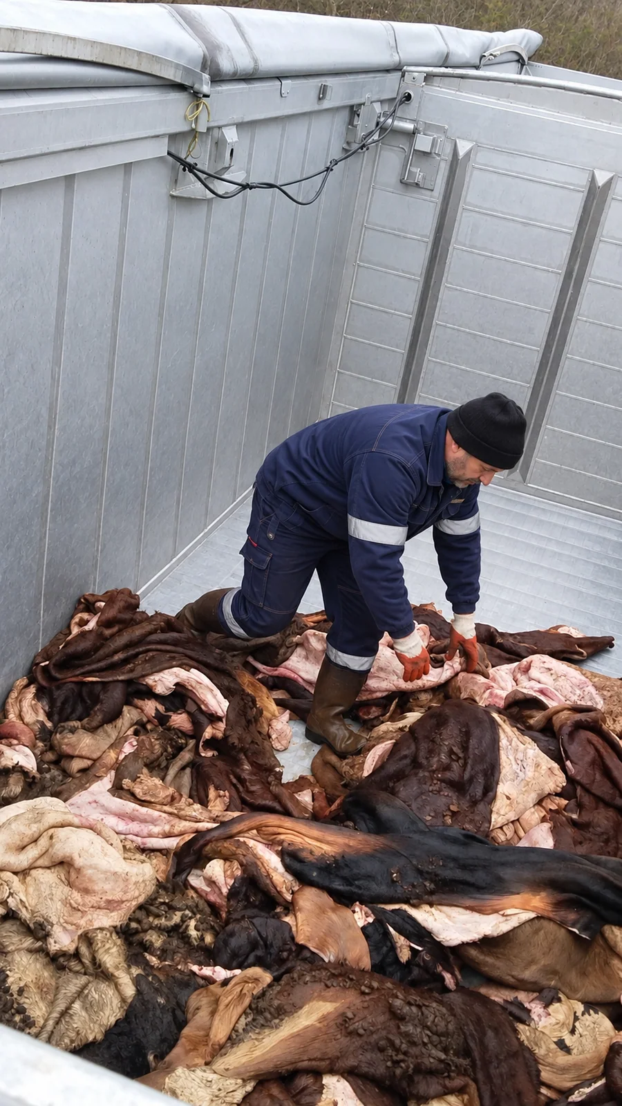 Fresh bovine hides inspected before transport